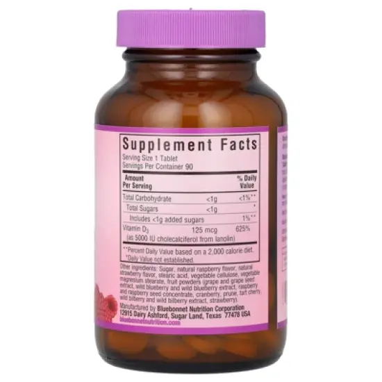 Bluebonnet Nutrition Vitamin D3, Raspberry, 5,000 IU (125 mcg), 90 Chewable Tablets image {1}