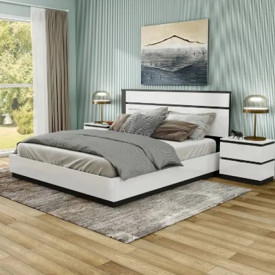 3pc Queen Pape Modern Bed with 2 Nightstands White/Metallic Gray - miBasics: Contemporary Furniture Set image {12}