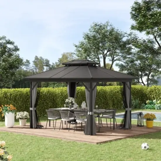 Outsunny 10' x 12' Metal Hardtop Gazebo with Mesh Sidewalls & Curtains, Double Roof Pavilion for Patio, Backyard, Deck, Porch, Gray image {1}