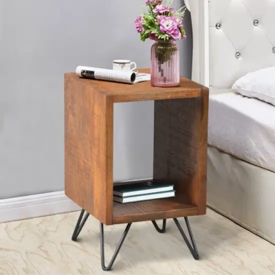22" Textured Cube Shape Wooden Nightstand with Angular Legs Brown/Black - The Urban Port image {4}