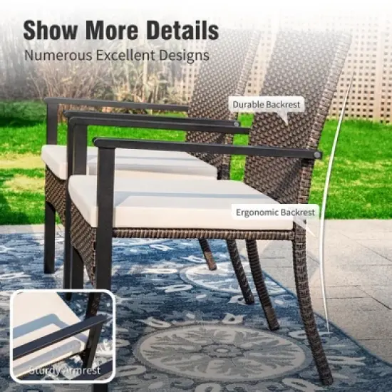 Captiva Designs 7pc Outdoor Patio Black Steel Dining Table with Umbrella Hole & Cushioned Armrest Rattan Chairs image {2}