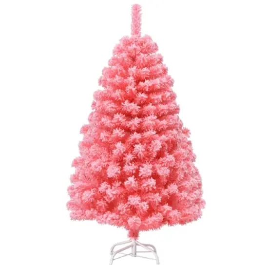 Costway 4.5/6.5/7.5 ft Snow Flocked Hinged Artificial Christmas Tree w/ Metal Stand Pink image {10}