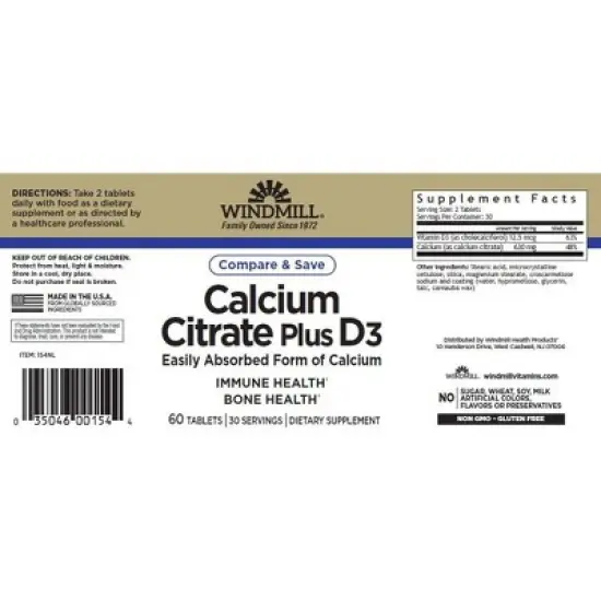 Windmill Calcium Citrate Plus Vitamin D Tablets 60 ct image {1}