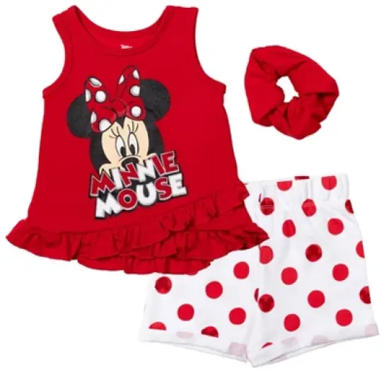 Disney Minnie Mouse Girls Crossover Tank Top French Terry Shorts and Scrunchie 3 Piece Outfit Set Little Kid to Big Kid image {9}