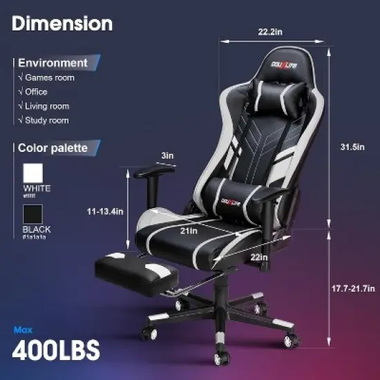 Douxlife Modern 7-Point Massage Ergonomic Gaming Chair with Footrest & Adjustable Armrests Black White image {7}