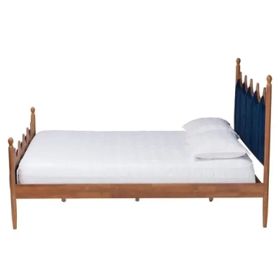 Baxton Studio Queen Calgary Velvet Fabric and Wood Platform Bed Royal Blue/Walnut Brown image {2}