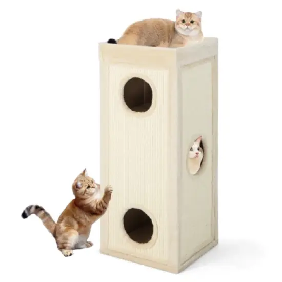Costway 4-Story Cat House 39'' Cat Condo with Scratching Posts & 4 Soft Plush Cushions Gray/Natural image {11}
