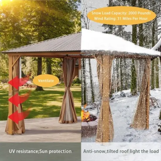 Aoodor Gazebo Polycarbonate Roof, Wooden Print Aluminum Frame With Mosquito Netting And Curtain image {3}