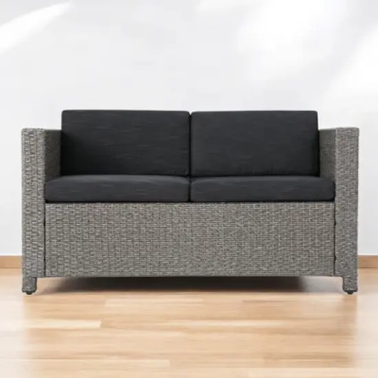 4-Piece Outdoor Sofa Set with Cushions, PE Wicker Rattan Seating Group with Loveseat, Club Chairs, and Coffee Table for Backyard, Patio, or Garden image {11}