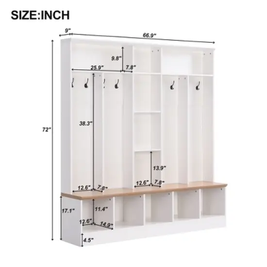 Hall Tree with Storage Bench, Multifunctional Coat Rack and 8 Entrance Hooks - ModernLuxe image {2}