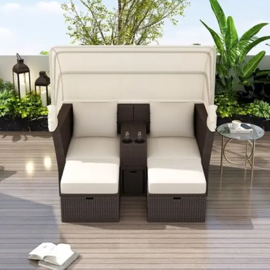 Outdoor Daybed, Double Daybed With Retractable Sunshade Canopy, Built-in Cup Holders And Storage Boxes, 2 Pillows, 2-Seater Sofa For Garden image {2}