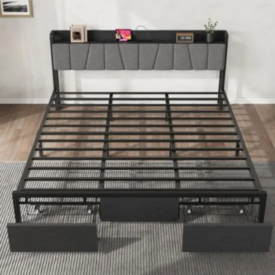 Bed Frame with Storage Headboard, Industrial Full Platform Bed with 2 Large Drawers and Charging Station, Black image {6}