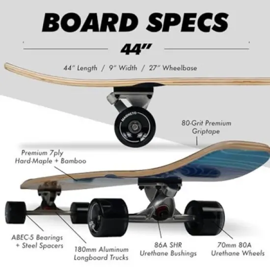 Magneto 44-inch Kicktail Cruiser Longboard Skateboard - Bamboo & Hard Maple Deck - Commuting, Cruising, Carving (Mountains) image {5}