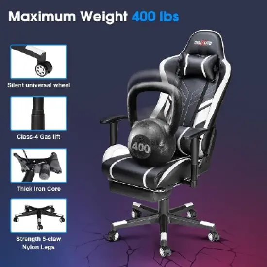 Douxlife Modern 7-Point Massage Ergonomic Gaming Chair with Footrest & Adjustable Armrests Black White image {1}