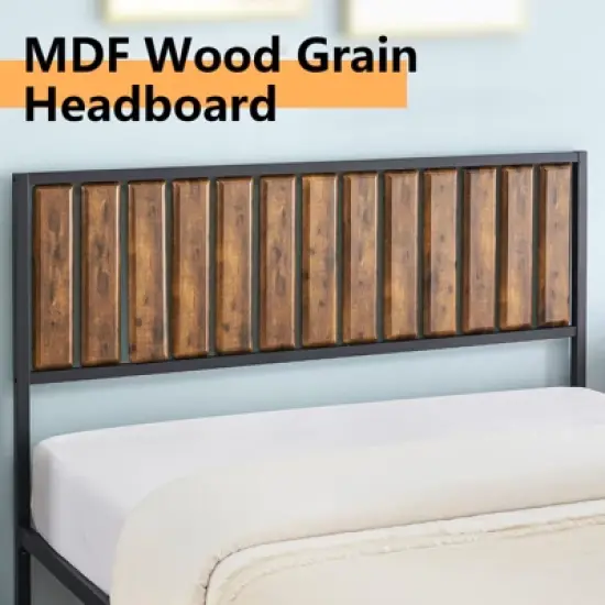 Bed Frame with Headboard Footboard Rustic Wood Farmhouse Platform Metal Wrought Rod Slat Bedframe, No Box Spring Needed, Easy Assembly image {3}