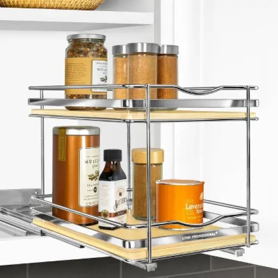 Lynk Professional Slide Out Vertical 8.25" Double Metal/Wood Spice Rack Silver: Kitchen Storage, Pantry Organizer, Pull Out image {1}