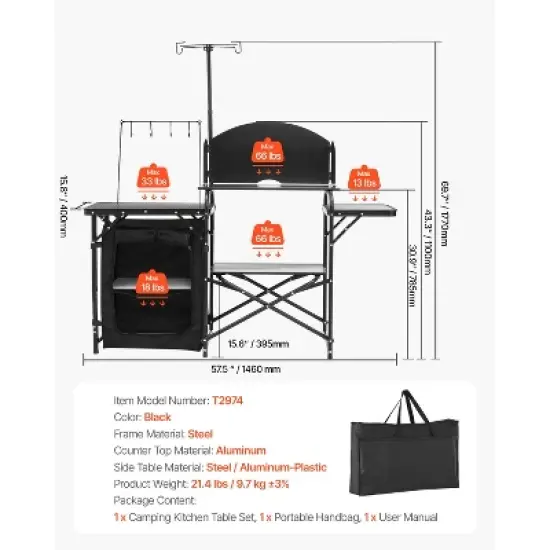 VEVOR Camping Kitchen Table, Outdoor Camp Cooking Table, Aluminum Portable Cook Station with Storage Cupboard, Carrying Bag, Black image {7}