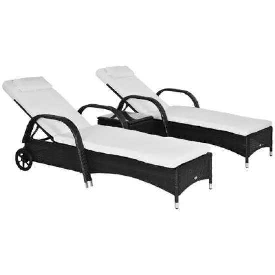 Outsunny Chaise Lounge Set of 2 with 5 Angle Backrest, Wheels, Armrests, Table, Cushions, PE Rattan Wicker Chairs, 3-Piece Pool Furniture Set image {7}