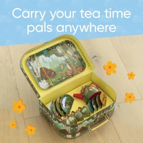 HearthSong 15-Piece Woodland-Themed Tin Tea Set for Kids With Carrying Case image {5}