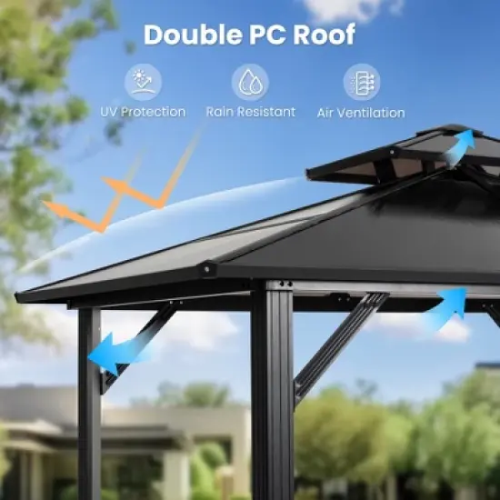 Pamapic 8' x 5' Hardtop BBQ Grill Gazebo Tent Canopy with 2-Tier PC Roof and Side Shelves, Gray image {1}