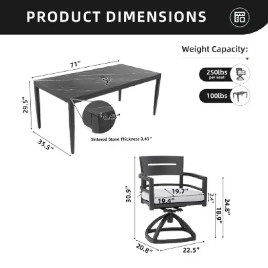 7-Piece Outdoor Dining Set, 6 Swivel Rockers and Marble-Look Sintered Stone Top Dining Table, Aluminum Chairs with Foam Cushions-Coolbibila image {3}