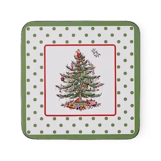 Spode Christmas Tree Polka Dot Mug & Coaster Set with Tin Box (5-Piece Set) - Porcelain Mugs and Cork-Backed Coasters - Dishwasher & Microwave Safe image {4}