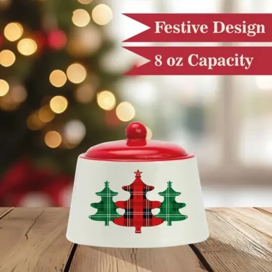 Amici Home Christmas Sugar Bowl with Lid - 8-Ounce Ceramic Container for Salt, Sugar, Spices - Festive Plaid Xmas Tree Kitchen Sugar Bowl image {4}