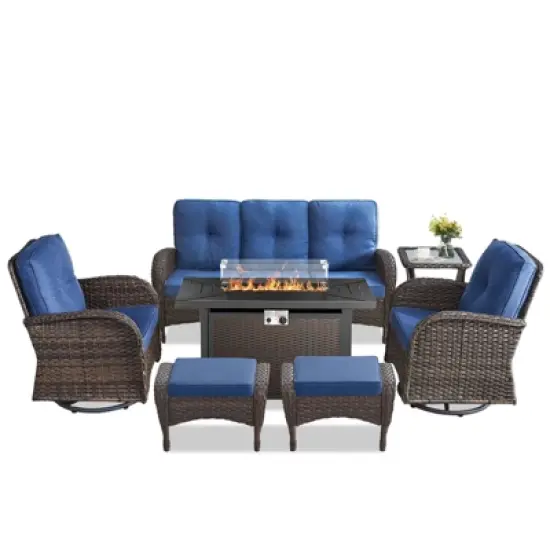 Buenhomino 7PCS Patio Conversation Set Brown Wicker Swivel Patio Chair Sofa Ottoman Set with Side Table and Fire Table PE Rattan Furniture Set image {14}