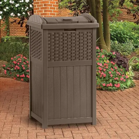 Suncast Trash Hideaway Resin Wicker Style Garbage Bin & 99 Gallon Deck Box, Java image {4}