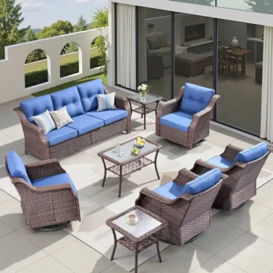 Buenhomino 9PCS Patio Furniture Set, Outdoor Wicker Sofa with Swivel Rocking Chairs Set of 4, Ottomans,Thick Cushions,Rattan Conversation Set image {9}