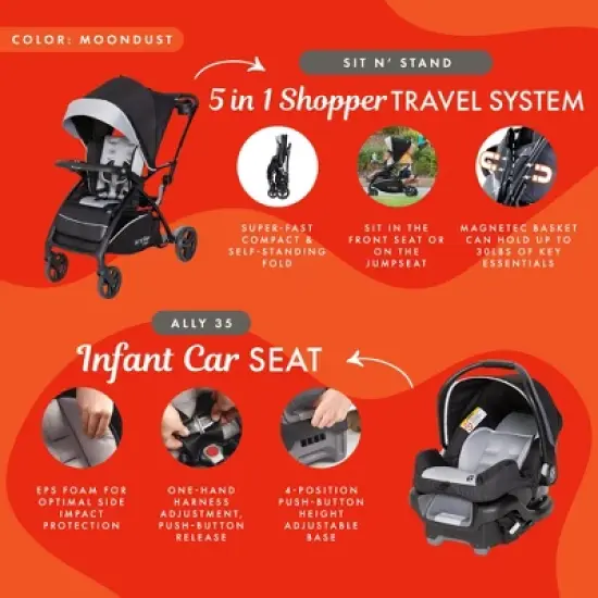 Baby Trend Sit N' Stand 5-in-1 Stroller Single Shopper Travel System with Ally 35 Infant Car Seat, MagneTec Storage Basket, and Canopy, Moondust image {1}
