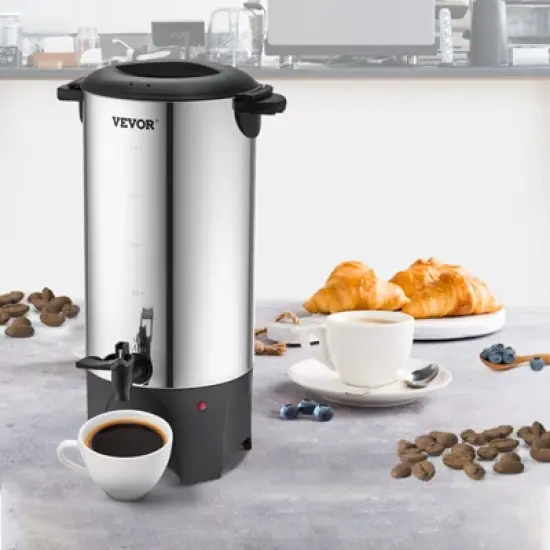 VEVOR Commercial Coffee Urn, 50 Cups Stainless Steel Large Coffee Dispenser, 1000W 110V Electric Coffee Maker Urn For Quick Brewing, Silver image {1}