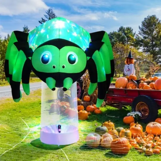 Costway 6 ft Halloween Inflatable Spider Pre-Lit Floating Spider Decoration w/ 3-Color Rotating Light Blow up Decoration w/ Stakes & Water Bags image {2}
