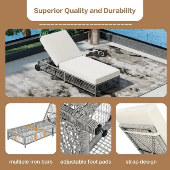 Mshliw Outdoor Lounge Chair with 5-Position Backrest, Rattan Chaise Lounge with Cushion and Wheels for Poolside, Backyard & Garden image {8}