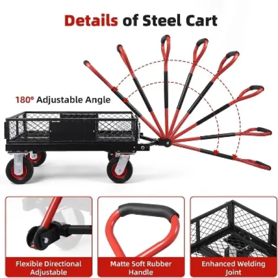 Acekool Foldable Steel Garden Cart, 360lbs Capacity, Removable Mesh Sides, 6" All-Terrain Wheels, 180&deg; Rotating Handle, Yard Utility Wagon image {2}
