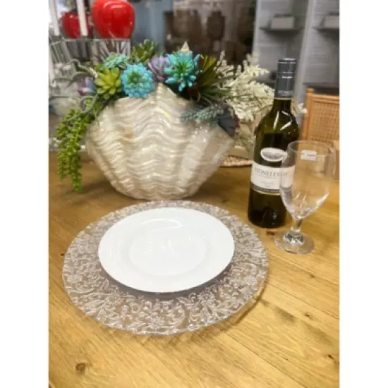 Essential Decor & Beyond 13.2" Modern Round Glass Charger with Silver Floral Pattern Set of 4 image {3}