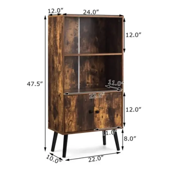 Costway 2-Tier Retro Bookcase Bookshelf w/3 Compartment&2 Doors Industrial Cabinet image {1}