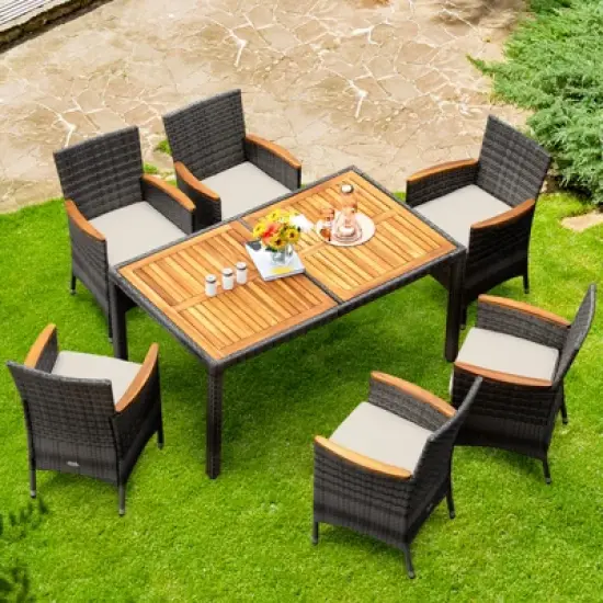 Tangkula 7PCS Patio Rattan Furniture Set Outdoor Conversation Set w/Cushions Acacia Wood Table image {1}