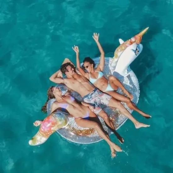 PoolCandy Gigantic Rainbow Unicorn Glitter Pool Raft Ultra Durable Sun Tan Fun Great For Pools, Lakes, And More image {2}