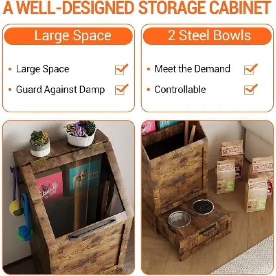 Flip Top Dog Food Storage Container, Pet Storage Cabinet with 2 Pull-Out Elevated Dog Bowls and 3 Hooks, Pet Toy Storage Organizer image {3}