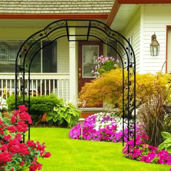 Lirago Black Metal Garden Arch-Galvanized Iron Trellis Rose Arch Outdoor Garden Decor with Gate Design 15.3"Dx98.42"Hx74.4"W image {1}