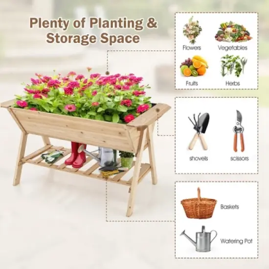 Costway 59'' x 31'' x 32.5'' Raised Garden Bed w/ Shelf Wood Elevated Planter Box w/ Liner image {5}