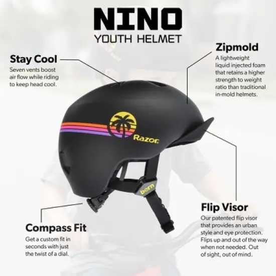 BERN Nino Razor Kids Bike & Skate Helmet &ndash; XS/S &ndash; Matte Black Yellow Sunset &ndash; Flip Visor, Lightweight, Multi-Sport Protection, Adjustable Fit image {1}