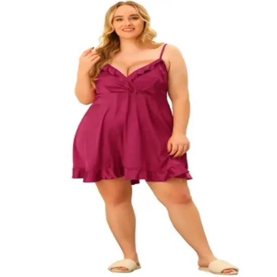 Agnes Orinda Women's Plus Size Satin Ruffle Trim Lingerie V Neck Sleepwear Slips Pajamas Nightgown image {2}