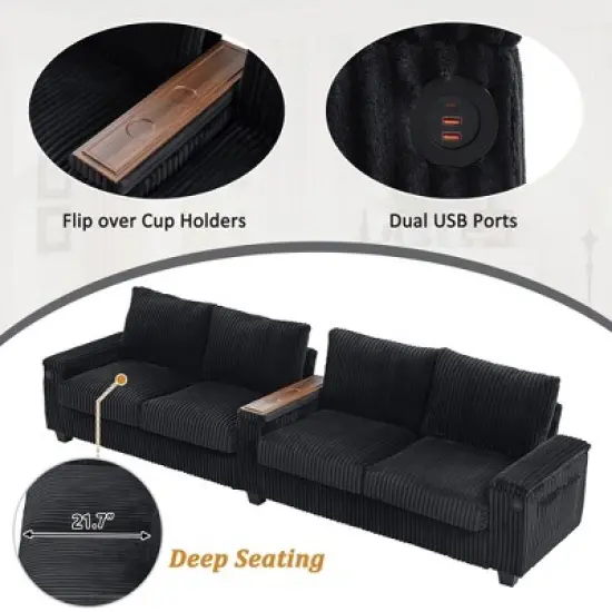 4-seater Corduroy Sofa Couch 133" Modern Sofa with USB Ports, Hidden Storage Arms, Flip-Top Cup Holders for Living Room, Black image {3}