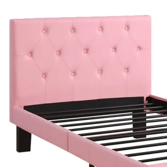 Twin Faux Leather Upholstered Bed with Tufted Headboard Pink - Benzara image {1}