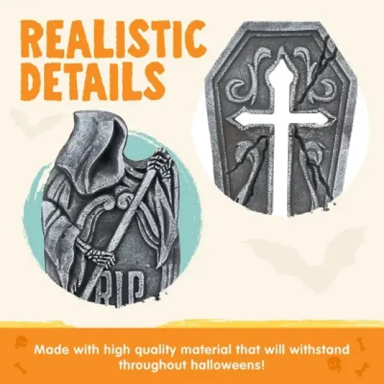 Joyfy 5pcs 17" Halloween Foam Tombstones Decoration, Halloween Graveyard Headstone Prop Cemetery Decoration with 12 Metal Stakes, Outdoor Yard Lawn image {2}