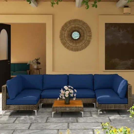 Outsunny 7 Piece Wicker Patio Furniture Set, Modular Outdoor Sectional Conversation Set with Thickened Cushions, Acacia Wood Table image {4}