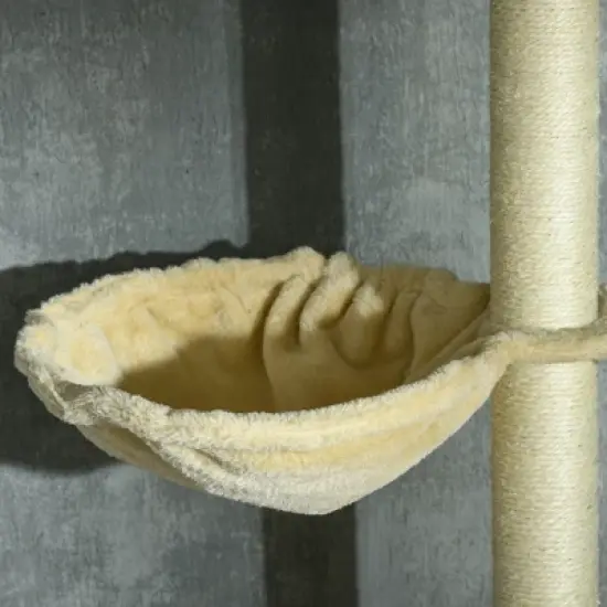 PawHut Floor to Ceiling Cat Tree, 90.5" - 98.5" Height Adjustable Cat Climbing Tower with Cozy Bed, Hammock, Scratching Posts, Toy Balls, Beige image {4}