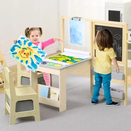 Wooden Easel for Kids, Kids Art Table and 2 Chairs,Art Center with Double-Sided Blackboard & Whiteboard, Paper Roll for Drawing image {7}
